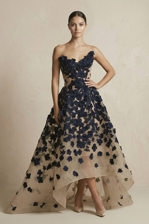 Appliqued Tulle A - Line V - neck Wedding Dress in Black and Nude - SHE IS ME Wedding Dresses