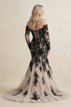 Appliqued Tulle Mermaid Off - the - Shoulder Wedding Dress in Black - SHE IS ME Wedding Dresses