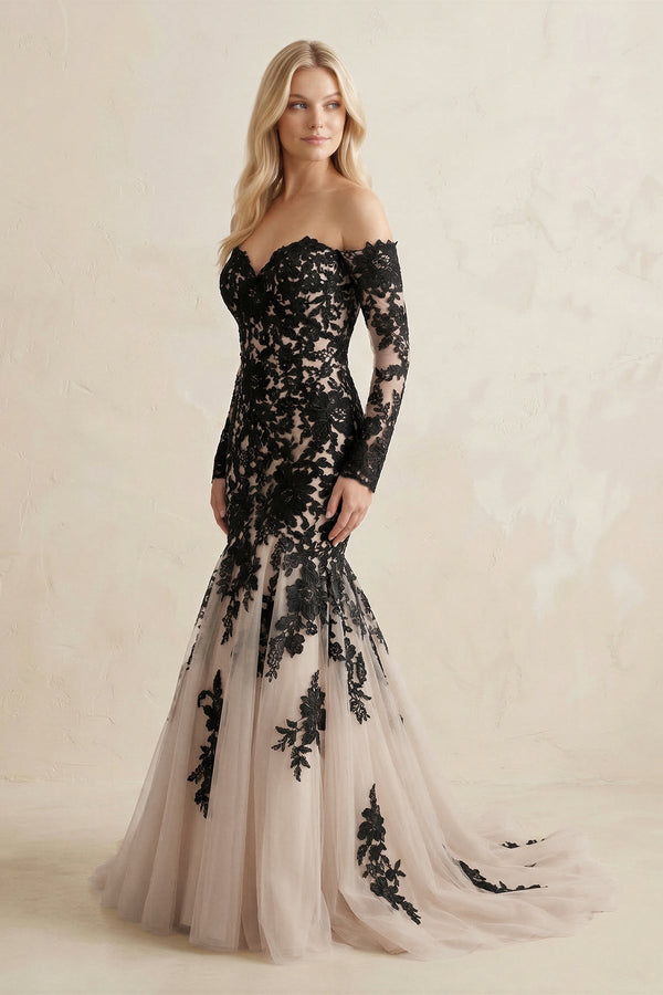 Appliqued Tulle Mermaid Off - the - Shoulder Wedding Dress in Black - SHE IS ME Wedding Dresses