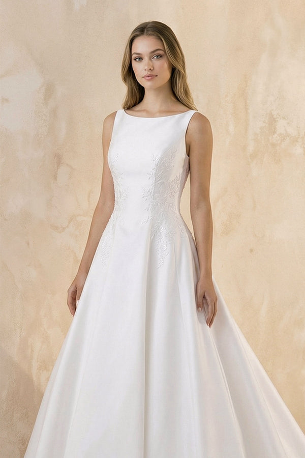 Bateau Neck A - Line Satin Wedding Dress With Keyhole in White - SHE IS ME Wedding Dresses