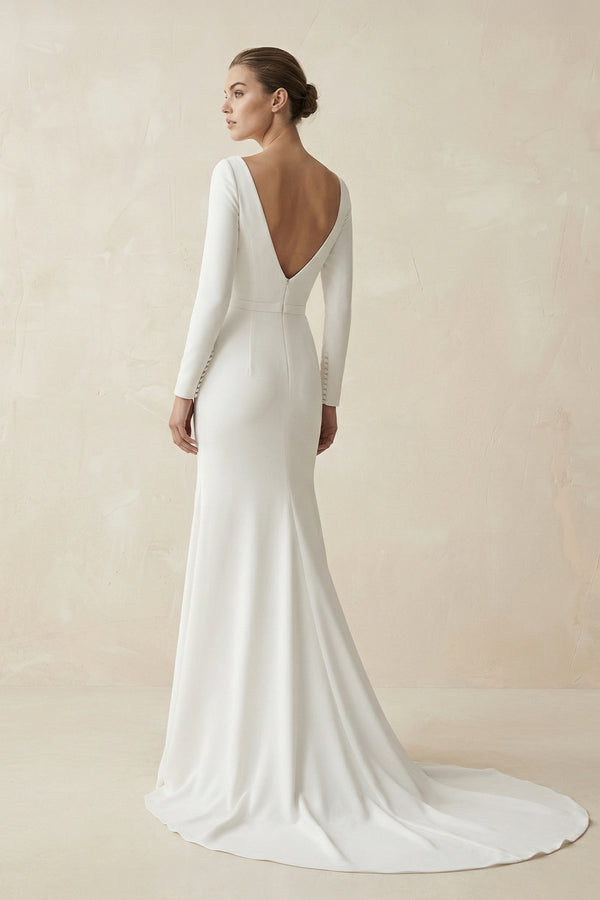 Bateau Neck Mermaid Long Sleeve Wedding Dress in White - SHE IS ME Wedding Dresses