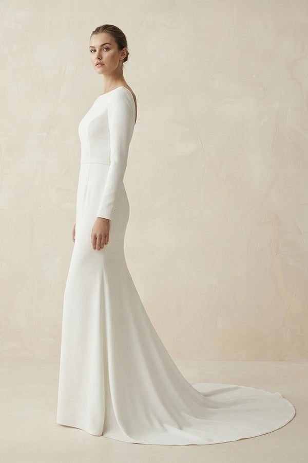 Bateau Neck Mermaid Long Sleeve Wedding Dress in White - SHE IS ME Wedding Dresses
