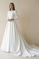 Bateau Neck Satin A - Line Long Sleeves Wedding Dress in White - SHE IS ME Wedding Dresses