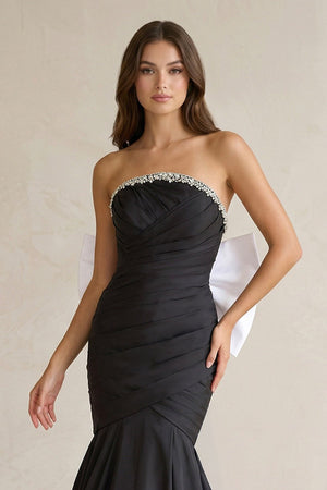 Beaded Mermaid Ruched Wedding Dress With Back Bow in Black and White - SHE IS ME Wedding Dresses