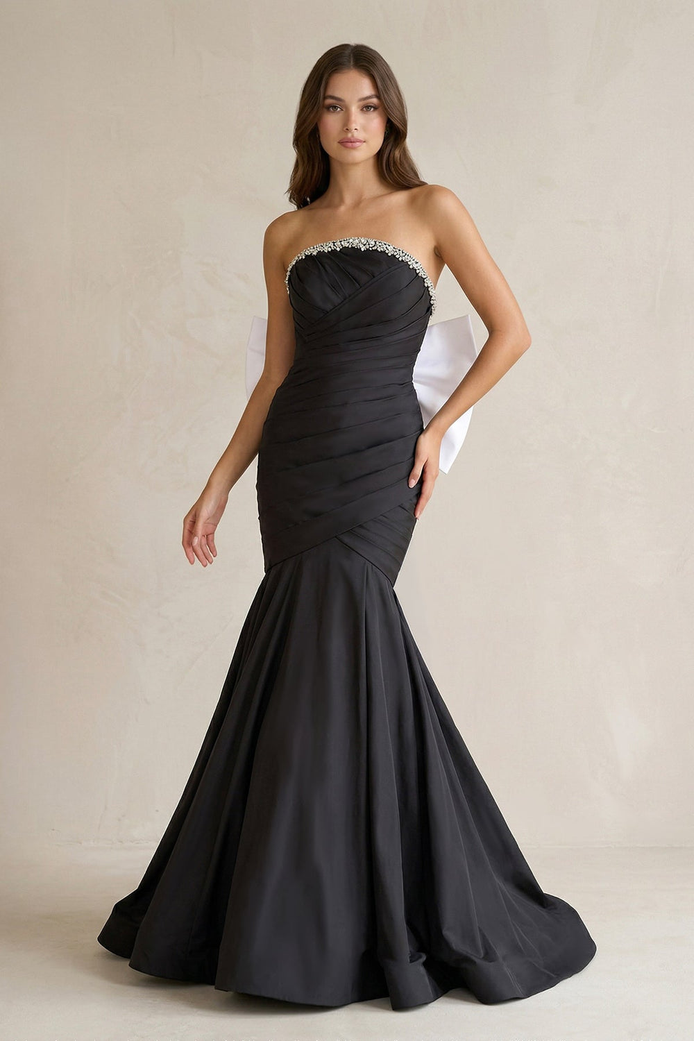 Beaded Mermaid Ruched Wedding Dress With Back Bow in Black and White - SHE IS ME Wedding Dresses