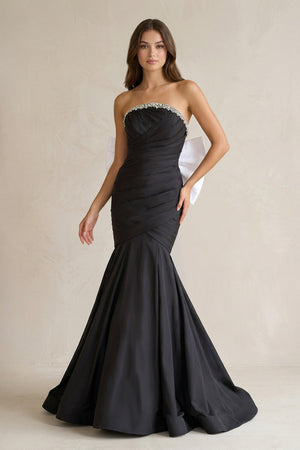 Beaded Mermaid Ruched Wedding Dress With Back Bow in Black and White - SHE IS ME Wedding Dresses
