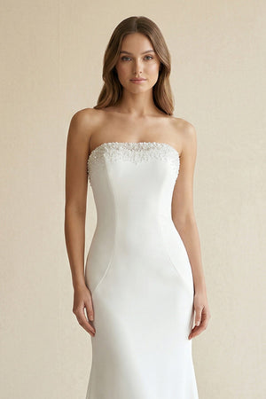 Beaded Satin Strapless Mermaid Wedding Dress in White - SHE IS ME Wedding Dresses