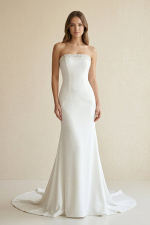 Beaded Satin Strapless Mermaid Wedding Dress in White - SHE IS ME Wedding Dresses
