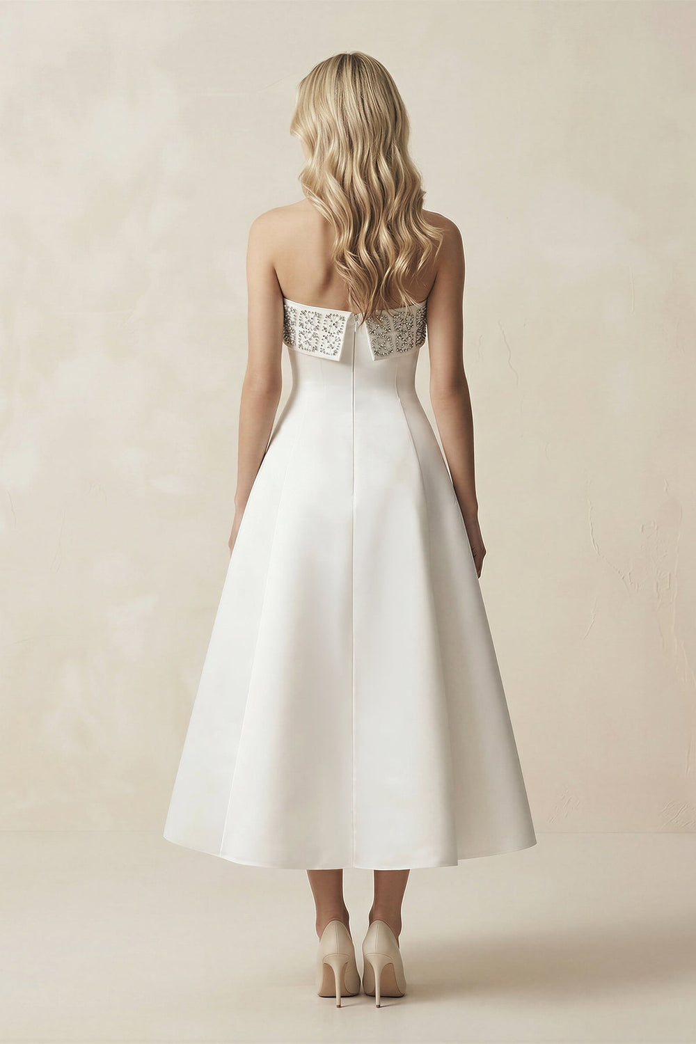 Beaded Strapless A - Line Midi Wedding Dress in White - SHE IS ME Wedding Dresses