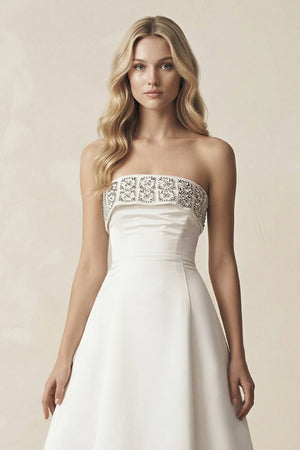 Beaded Strapless A - Line Midi Wedding Dress in White - SHE IS ME Wedding Dresses