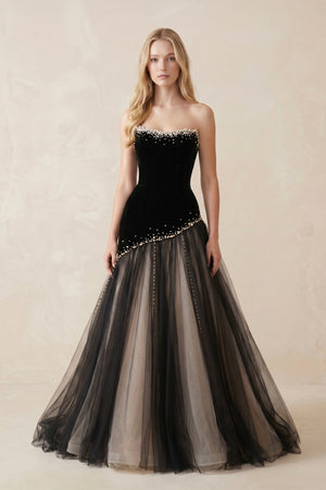 Beaded Strapless A - Line Tulle Wedding Dress in Black - SHE IS ME evening dresses