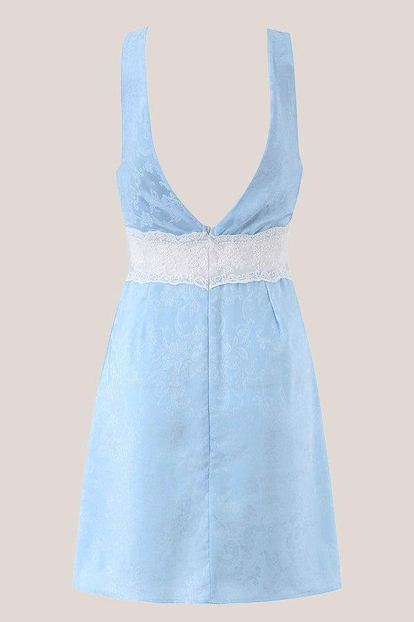 Blue V Neck Lace Cotton Sheath Mini Dress - SHE IS ME Dresses