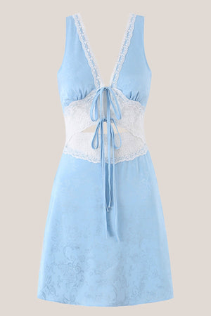 Blue V Neck Lace Cotton Sheath Mini Dress - SHE IS ME Dresses
