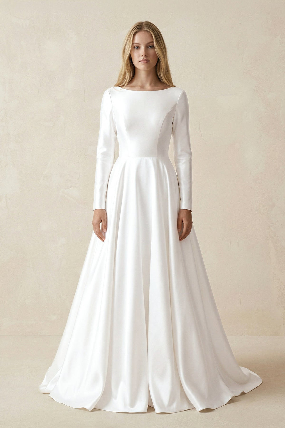 Boat Neck A - line Satin Long Sleeves Wedding Dress in White - SHE IS ME Wedding Dresses