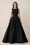 Boat Neck Satin A - Line Open Back Wedding Dress in Black - SHE IS ME Wedding Dresses