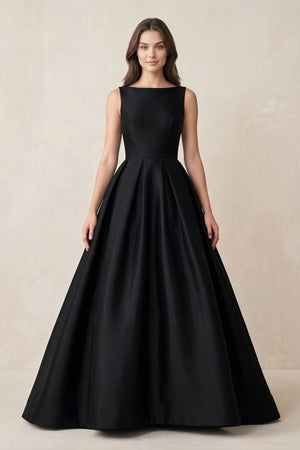 Boat Neck Satin A - Line Open Back Wedding Dress in Black - SHE IS ME Wedding Dresses