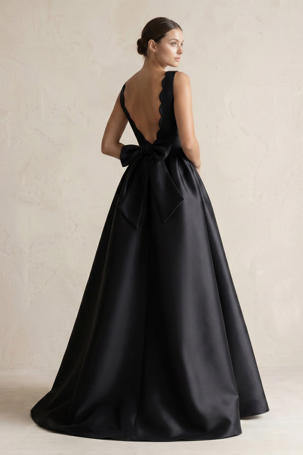 Boat Neck Satin A - Line Wedding Dress with Bow in Black - SHE IS ME Wedding Dresses