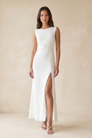 Boat Neck Sheath Midi Dress With Slit in White– SHE IS ME Dresses