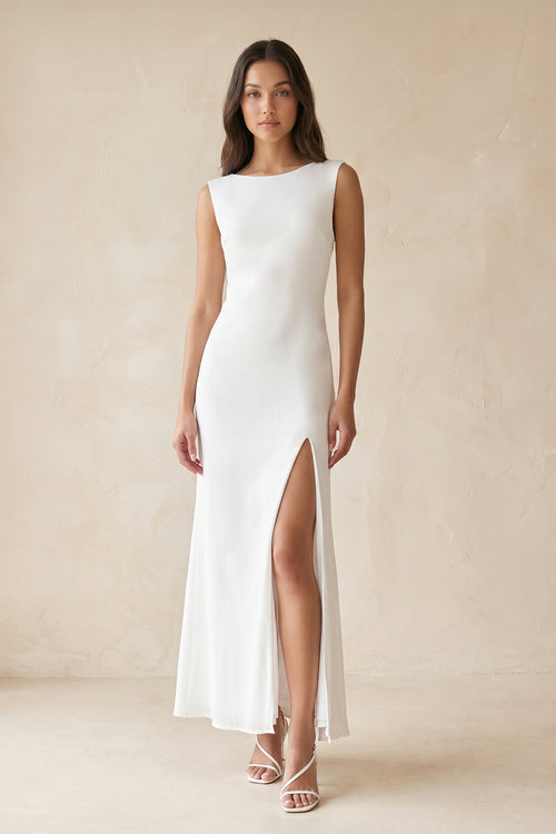 Boat Neck Sheath Midi Dress With Slit in White– SHE IS ME Dresses