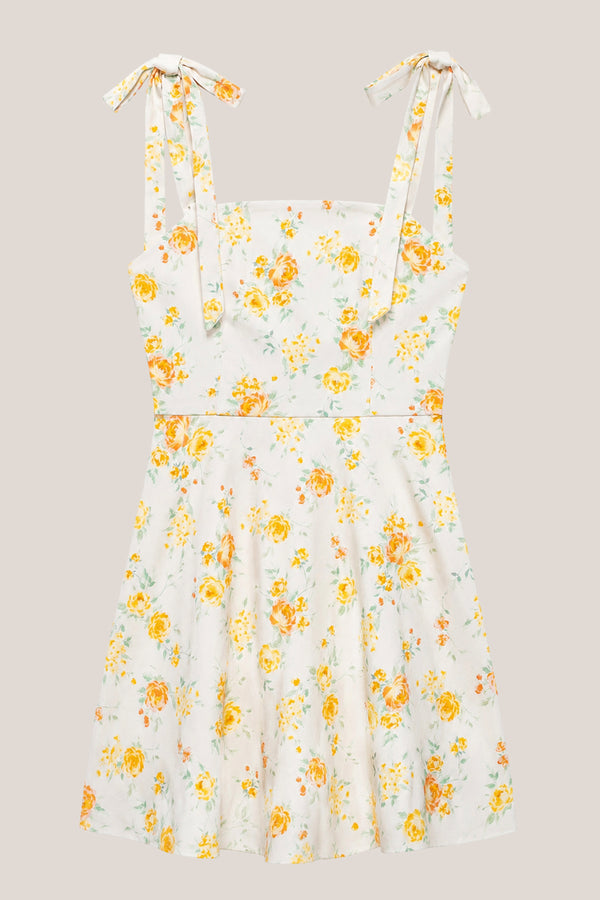 Bow A-Line Warm Rose Print Cotton Mini Dress in Yellow– SHE IS ME Dresses