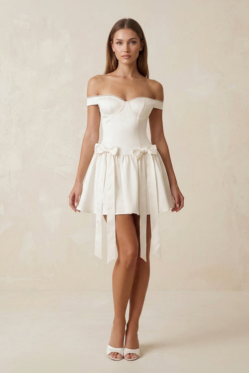 Bow Off - the - Shoulder A - Line Mini Wedding Dress in Ivory - SHE IS ME Wedding Dresses