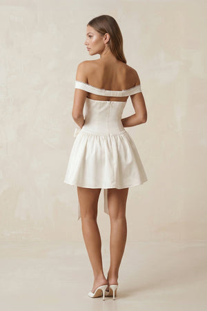 Bow Off - the - Shoulder A - Line Mini Wedding Dress in Ivory - SHE IS ME Wedding Dresses