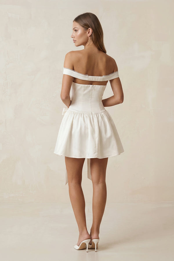 Bow Off - the - Shoulder A - Line Mini Wedding Dress in Ivory - SHE IS ME Wedding Dresses