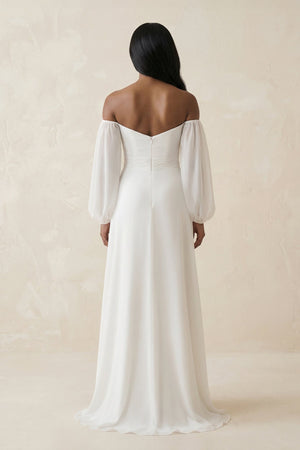Chiffon A - Line Off - the - Shoulder Wedding Dress With Slit in White - SHE IS ME Wedding Dresses