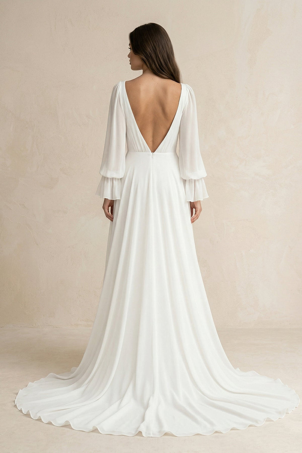 Chiffon V - Neck A - Line Long Sleeves Wedding Dress in White - SHE IS ME Wedding Dresses