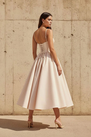 Corset Pleated Midi Dress in Champagne - SHE IS ME