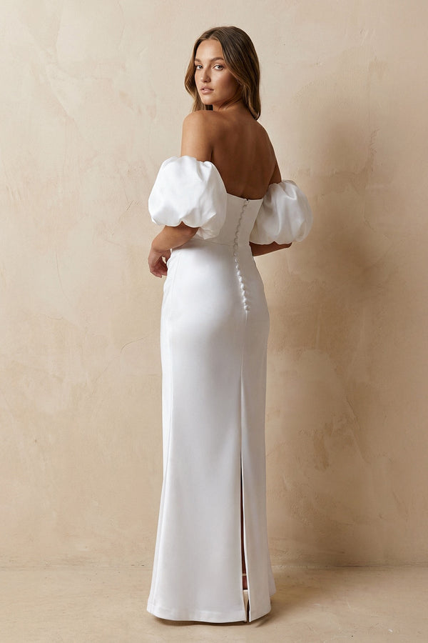 Cut - Out Sweetheart Satin Off - the - Shoulder Wedding Dress in White - SHE IS ME Wedding Dresses