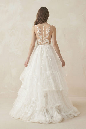 Deep V A - Line Tulle Appliqued Wedding Dress in White - SHE IS ME Wedding Dresses