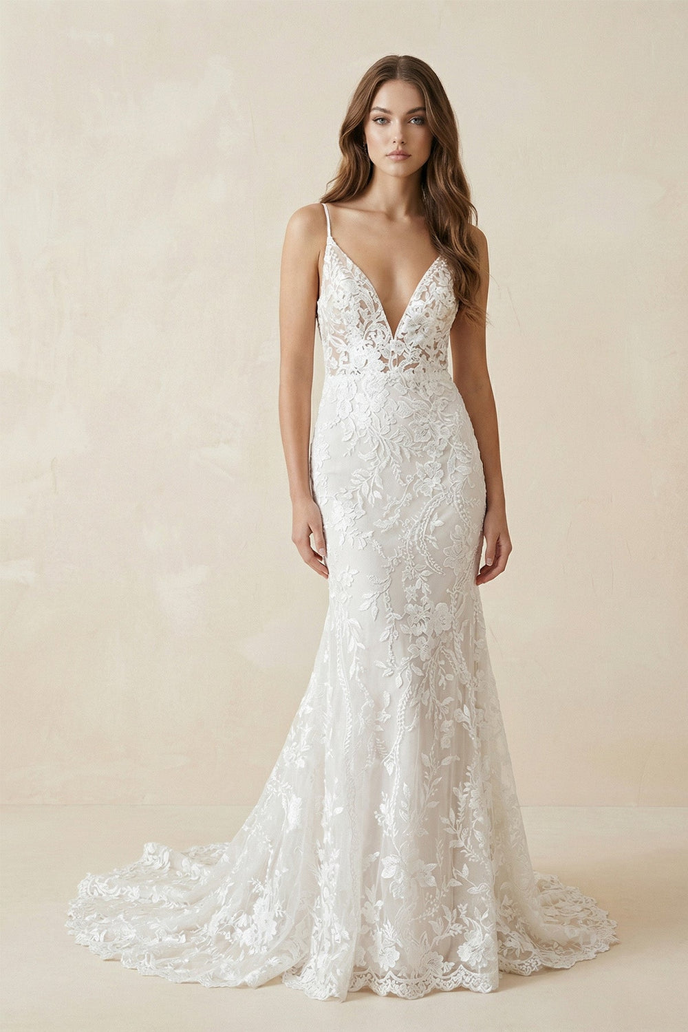 Deep V Neck Lace Mermaid Wedding Dress With Appliques in White - SHE IS ME Wedding Dresses