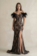 Feather Off - the - Shoulder Mermaid Corset Lace Wedding Dress With Slit in Black - SHE IS ME Wedding Dresses