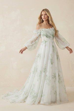 Floral Printed Organza A - Line Off - the - Shoulder Wedding Dress in White - SHE IS ME Wedding Dresses