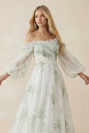 Floral Printed Organza A - Line Off - the - Shoulder Wedding Dress in White - SHE IS ME Wedding Dresses