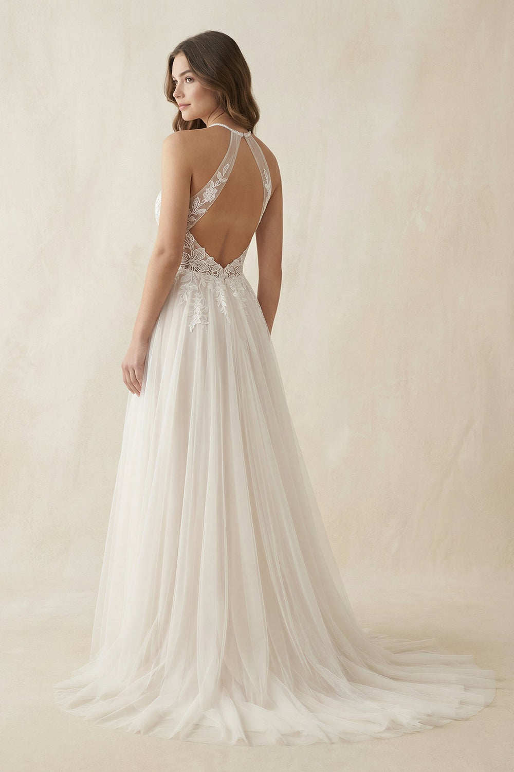 Halter A-Line Appliqued Tulle Wedding Dress in Ivory
