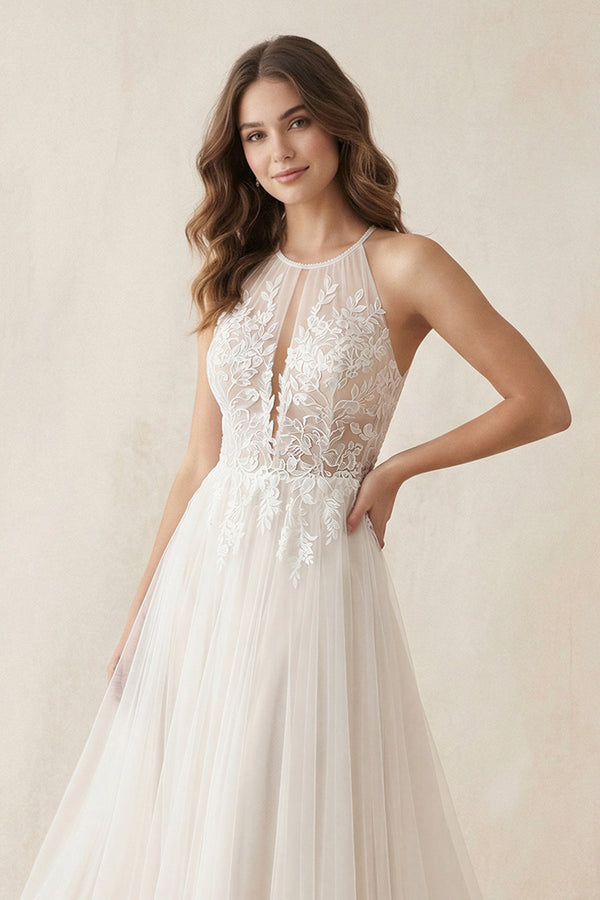 Halter A - Line Appliqued Tulle Wedding Dress in Ivory - SHE IS ME Wedding Dresses