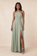 Halter A - Line Chiffon Maxi Dress in Frost - SHE IS ME Dresses