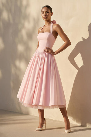 Halter Bow Midi Dress With Tulle Hem in Pink - SHE IS ME