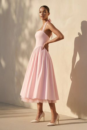 Halter Bow Midi Dress With Tulle Hem in Pink - SHE IS ME