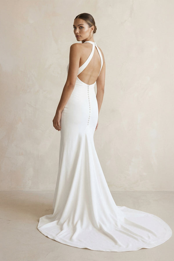 Halter Crepe Mermaid Ruched Wedding Dress in White - SHE IS ME Wedding Dresses