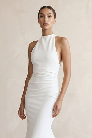 Halter Crepe Mermaid Ruched Wedding Dress in White - SHE IS ME Wedding Dresses