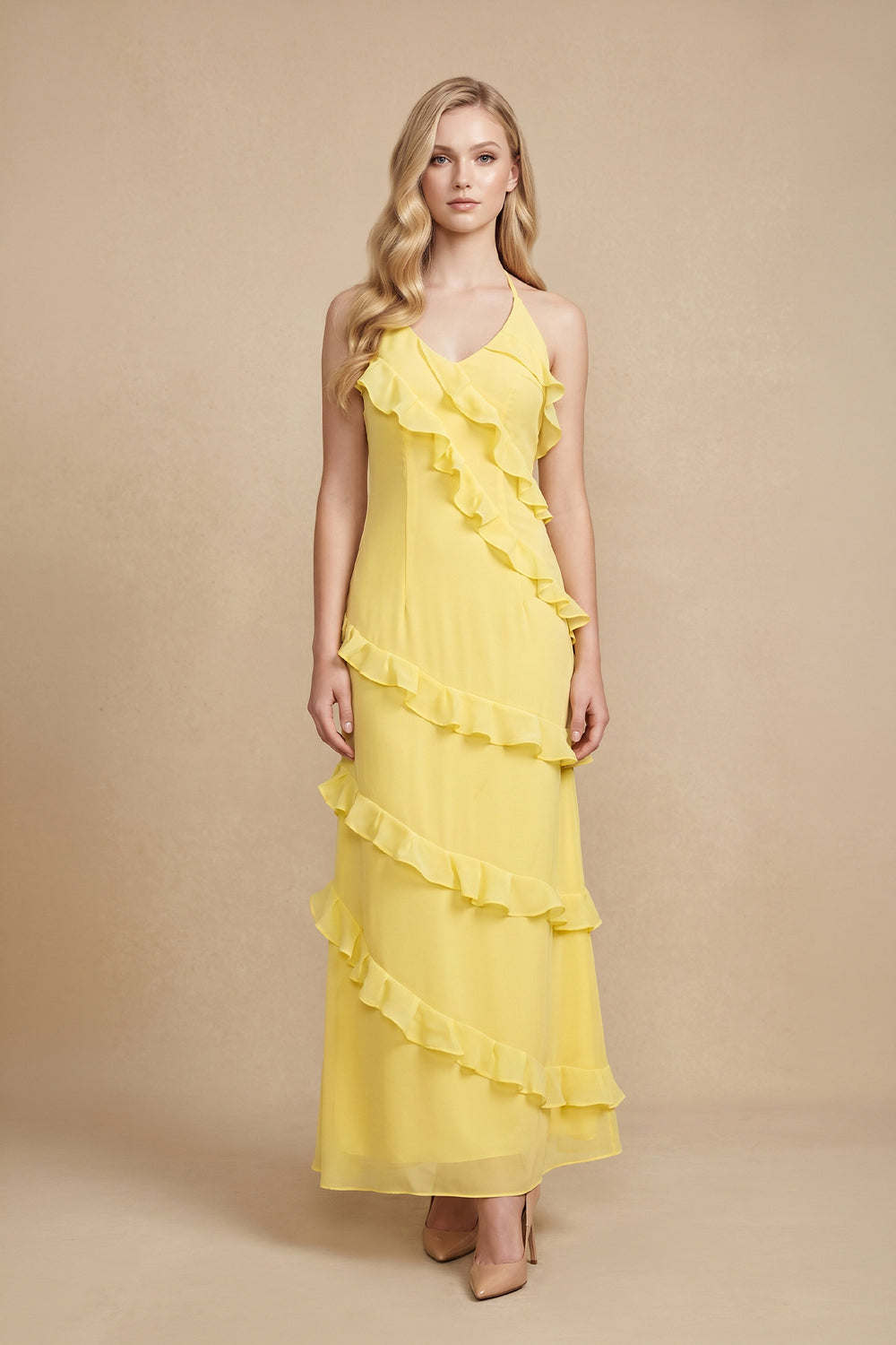 Halter Ruffled Maxi Dress in Yellow