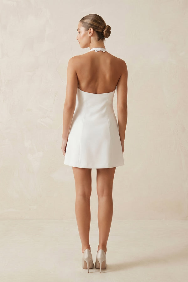 Halter Satin A - Line Mini Wedding Dress with Bow in White - SHE IS ME Wedding Dresses