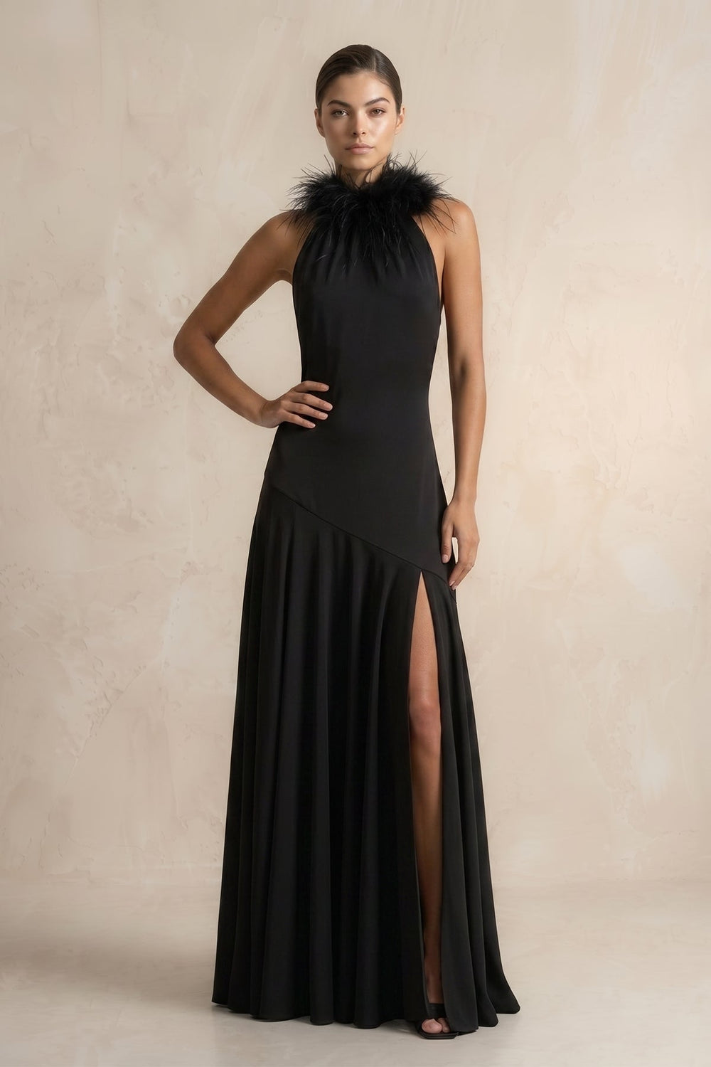 Halter Sheath Feather Satin Wedding Dress with Slit in Black - SHE IS ME Wedding Dresses