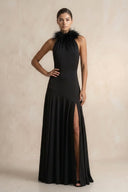 Halter Sheath Feather Satin Wedding Dress with Slit in Black - SHE IS ME Wedding Dresses