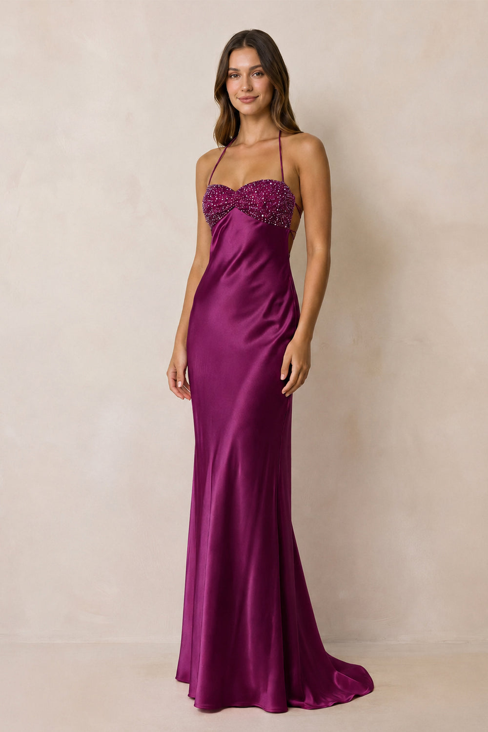 Halter Sheath Satin Maxi Dress With Sequins in Magenta - SHE IS ME Prom Dresses