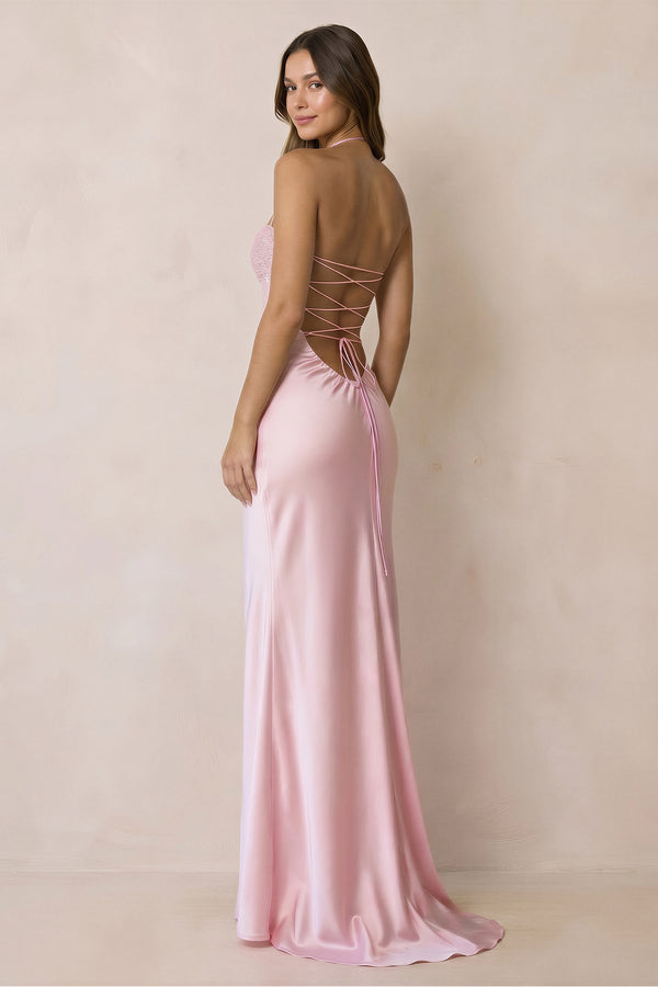 Halter Sheath Satin Maxi Dress With Sequins in Pink - SHE IS ME Prom Dresses