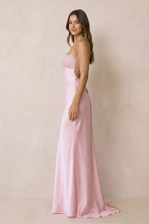 Halter Sheath Satin Maxi Dress With Sequins in Pink - SHE IS ME Prom Dresses